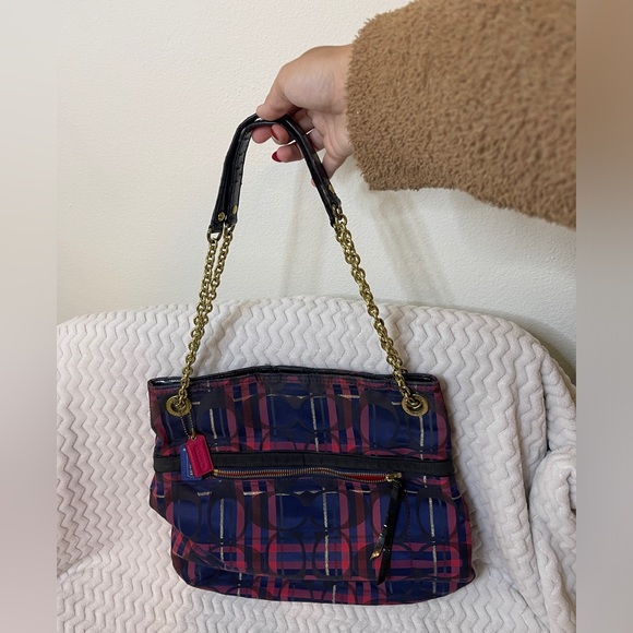 Coach Poppy Lurex Tartan Chain Slim Tote - Picture 7 of 12